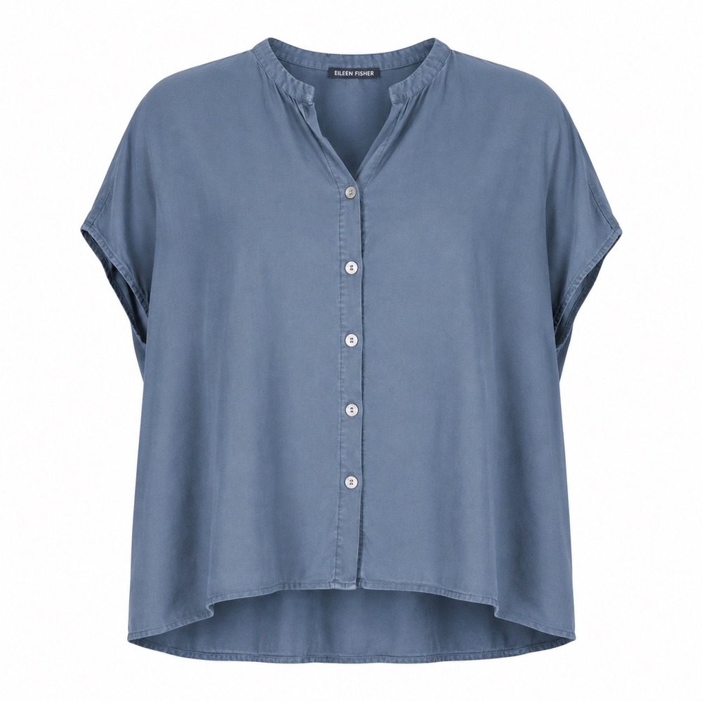 Eileen Fisher Womens Top S Blue Gray Button Down Blouse Minimalist Boxy Stretch